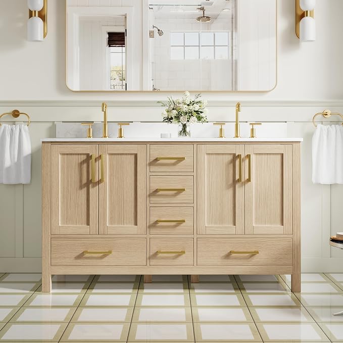 60-Inch Bathroom Vanity with Sink, Bathroom Freestanding Vanity W/ 4 Doors and 6 Drawers, Solid Wood Cabinet Vanity with Cultured Marble Countertop, Oak Vanity & Brushed Gold Handles