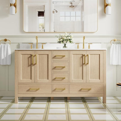 60-Inch Bathroom Vanity with Sink, Bathroom Freestanding Vanity W/ 4 Doors and 6 Drawers, Solid Wood Cabinet Vanity with Cultured Marble Countertop, Oak Vanity & Brushed Gold Handles