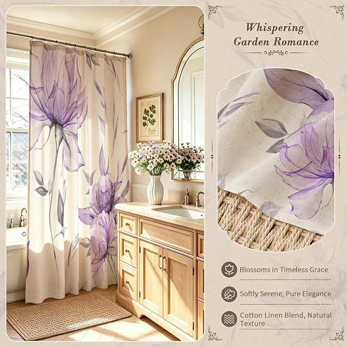 Purple Floral Linen Shower Curtain, Watercolor Botanical Design, 72 x 72 | Boho Floral Design, Watercolor Botanical Style, Ink Painting Flowers & Leaves, Linen Blend Fabric Curtain