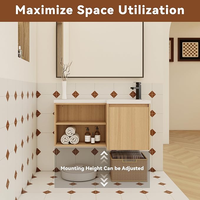 KEIKI 35.5" Corner Floating Bathroom Vanity with Resin Gel Coat Integrated Sink, L-Shaped Wall-Mounted Vanity, Soft-Close Door & Left Open Shelves, Space-Saving Modern Vanity, Oak Finish, Apricot‌1