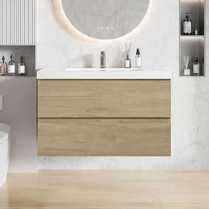 36 Inch Floating Bathroom Vanity with Sink, Large Storage Wall Mounted Floating Vanity with Soft Close Drawers, One-Piece Basin Bathroom Sink Cabinet (Natural Oak, 36")