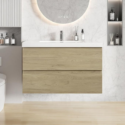 36 Inch Floating Bathroom Vanity with Sink, Large Storage Wall Mounted Floating Vanity with Soft Close Drawers, One-Piece Basin Bathroom Sink Cabinet (Natural Oak, 36")