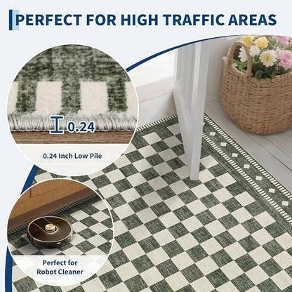 Garvee Large Area Rug 10x14 Washable Checkered Sage Green Rug Non Slip | Non Shedding Throw Rugs Farmhouse Low Pile Stain Resistant Carpet for Bedroom Office Dining Room Nursery Sage Green 10'x14'