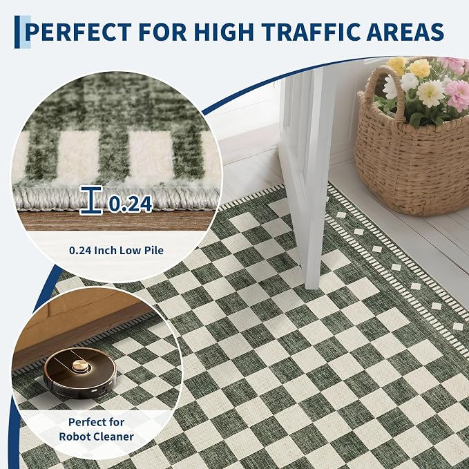 Garvee Washable Rugs 8x10 Checkered Sage Green Living Room Rug Non Slip | Farmhouse Geometric Large Area Rug Low Pile Stain Resistant Carpet for Classroom Bedroom Nursery Dining Room 8'x10'