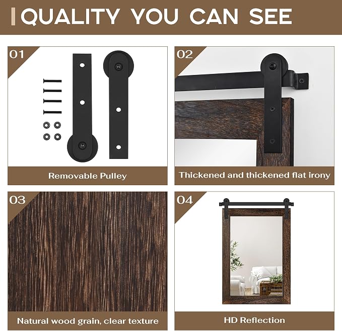 COGOOD Farmhouse Bathroom Mirrors for Over Sink - 38 x 25 Black Brown | Rustic Barn Door Wood Framed Vanity Mirror for Entryway, Living Room, Bedroom, Dresser Wall Decor