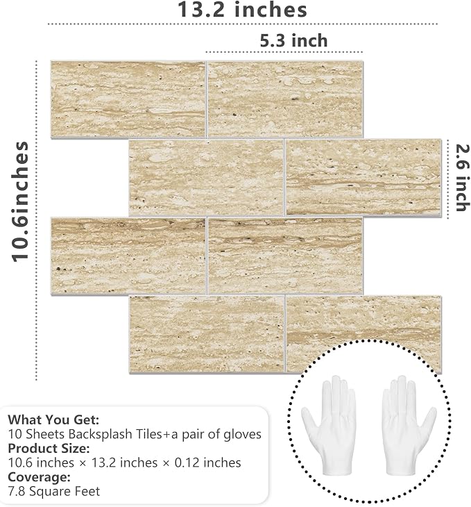 STICKGOO 10-Sheet Backsplash Peel and Stick Subway Tile(Thicker Design, Faux Golden Travertine)