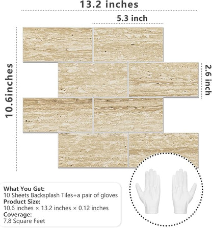 STICKGOO 10-Sheet Backsplash Peel and Stick Subway Tile(Thicker Design, Faux Golden Travertine)