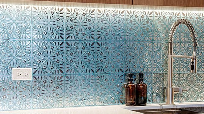 Main Street Peel and Stick Wallpaper Tiles, Teal & Silver Leaves, 24-Pack | 8"x8" tiles, covers 10.67 sq ft. Peel-and-stick paper, no extra adhesive needed. Ideal for backsplashes & DIY projects.