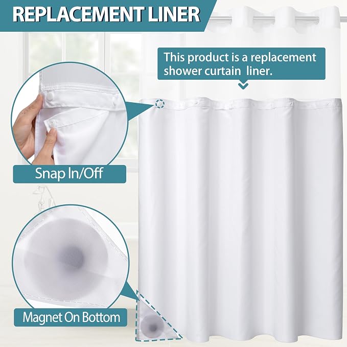 Conbo Mio 1 Pack Hotel Fabric Snap in Shower Curtain Liner 108 W Replacement Removable Water Repellent Liner for Bathroom Shower Curtain Liner 108 Wide,107W X 54H
