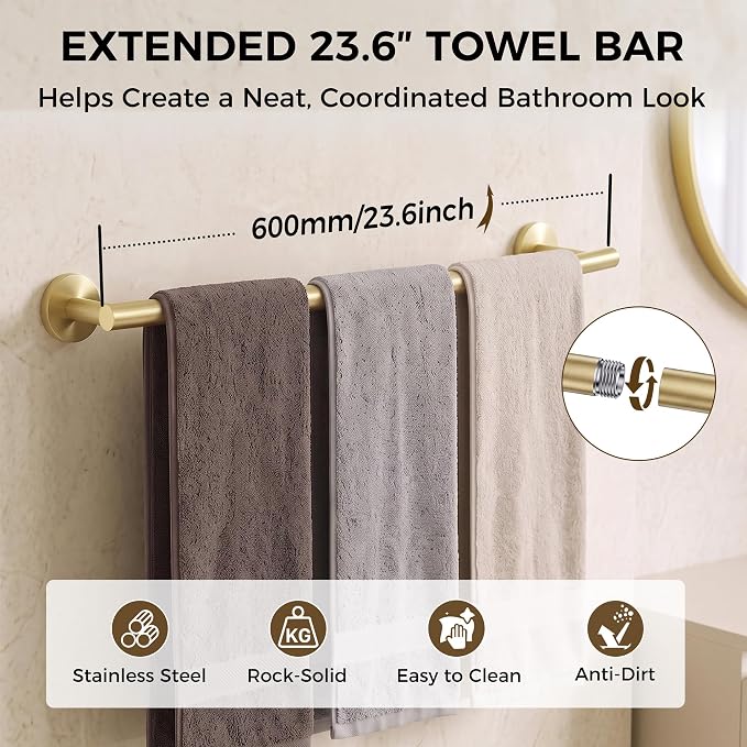 5 Piece 23.6 Inch Brushed Gold Bathroom Hardware Accessories Set | Stainless Steel Bath Extended Towel Bar, Toilet Paper Holder with Shelf, Round Towel Ring Wall Mounted, Towel Hooks