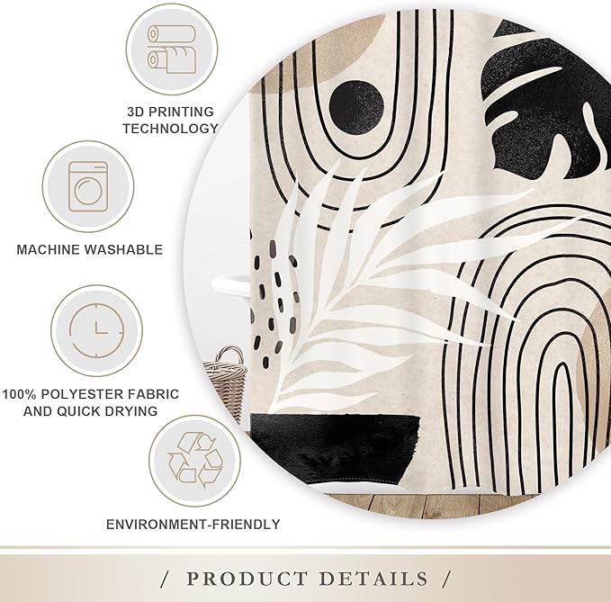 Glawry Boho Black Brown Beige Shower Curtain Extra Long Modern Mid Century Abstract Tropical Leaf Bathroom Minimalist Geometric Arch 72Wx84L Inches Bath Accessories Art Home Decor Fabric 12 Pack Hooks