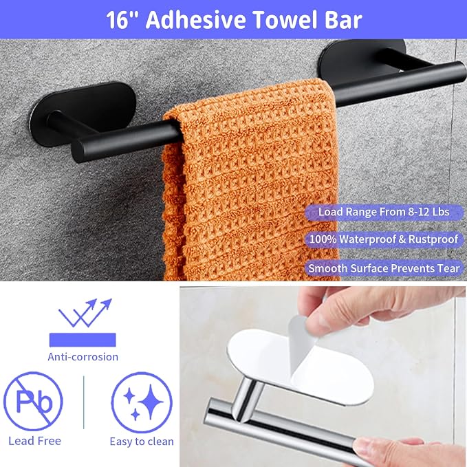 Bathroom Hardware Set, 16" Bathroom Towel Holder with Toilet Paper Holder, Towel Ring, Towel Hook, Bathroom Accessories for Kitchens, Laundry Rooms (5, Black)