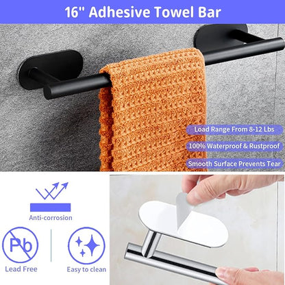 Bathroom Hardware Set, 16" Bathroom Towel Holder with Toilet Paper Holder, Towel Ring, Towel Hook, Bathroom Accessories for Kitchens, Laundry Rooms (5, Black)