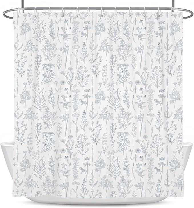 Coxila Vintage Floral Shower Curtain Blue and White Flower Retro Cute Rustic Country Spring Summer Fun Boho Plant Botanical Wildflower Pretty Leaf Bathroom 60 x 72 Inch Polyester Fabric 12 Pack Hooks