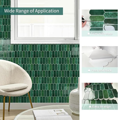 10-Sheet Upgraded Thicker Peel and Stick Kitchen Backsplash Tiles | Waterproof Self-Adhesive Vinyl Wall Tile Stick on Backsplash for Kitchen,Bathroom,Fireplace and RV(Forest Green,12"×12")