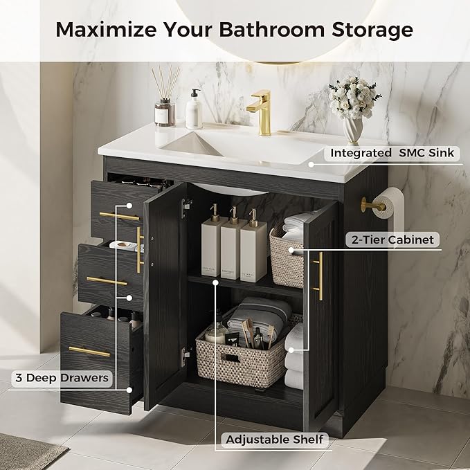 IRONCK 36 Inch Bathroom Vanity with Sink, Modern Black Bathroom Cabinet with Soft Closing Doors, 3 Drawers, Adjustable Shelf & Toilet Paper Holder