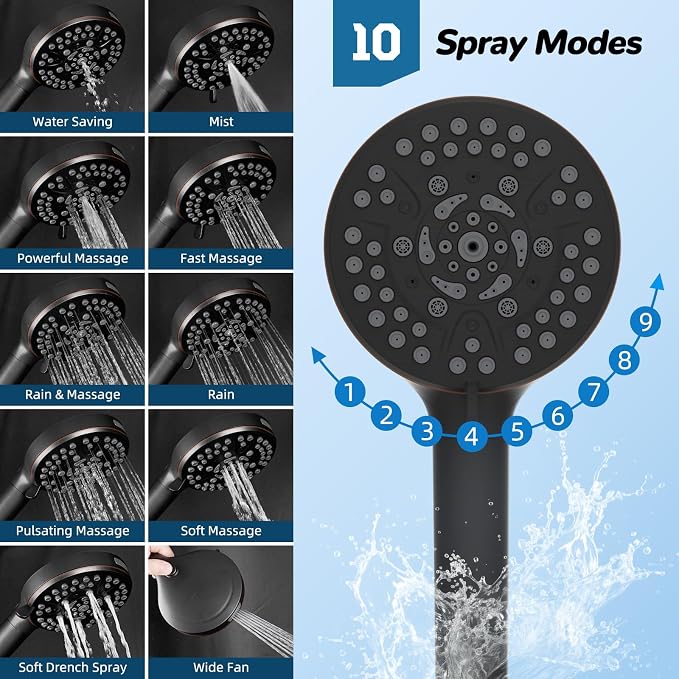 Hibbent High Pressue All Metal 10" Rainfall Shower Head, Handheld 10-Spray | cUPC Certified Oil-Rubbed Bronze Dual Showerhead Combo, 4-way Diverter with Pause Mode, Extension Arm, 71'' Hose & Holder