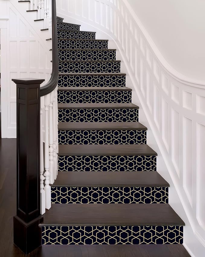 FLFK Stair Riser Decals - Rhombic Black and Gold Texture Stair Stickers Murals Peel and Stick Self-Adhesive for Home Decor, 39.3" W x 7.08" H x 13Pcs