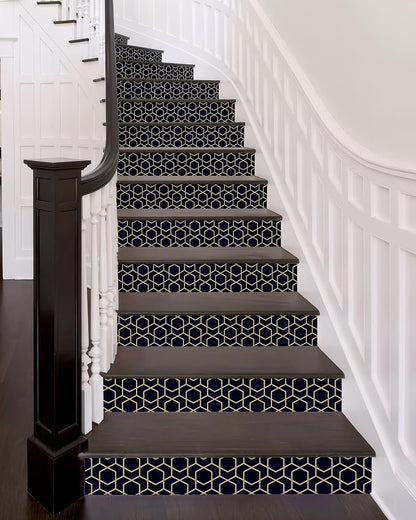 FLFK Stair Riser Decals - Rhombic Black and Gold Texture Stair Stickers Murals Peel and Stick Self-Adhesive for Home Decor, 39.3" W x 7.08" H x 13Pcs