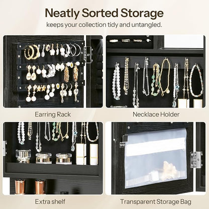 HOOBRO Wall Mounted Jewelry Cabinet, LED Jewelry Armoire with Interior Mirror, Hanging Jewelry Organizer for Wall, Lockable Jewelry Storage Cabinet, 3.9 x 11.8 x 20.9 Inches, Black