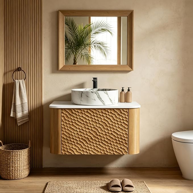 24 Inch Modern Bathroom Vanity with Ceramic Sink, Floating Bathroom Vanity Cabinet with Sintered Stone Top&Solid Wood Hammered Frame, Single Sink Bathroom Vanities w/Soft-Close Drawers,Natural
