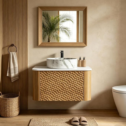 24 Inch Modern Bathroom Vanity with Ceramic Sink, Floating Bathroom Vanity Cabinet with Sintered Stone Top&Solid Wood Hammered Frame, Single Sink Bathroom Vanities w/Soft-Close Drawers,Natural