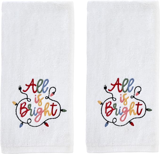 SKL Home Christmas/Winter All is Bright Hand Towel Set-2pc, Optic White | 100% Cotton. Soft, embroidered velour. Great for the bathroom, kitchen or bar & holiday gifting.