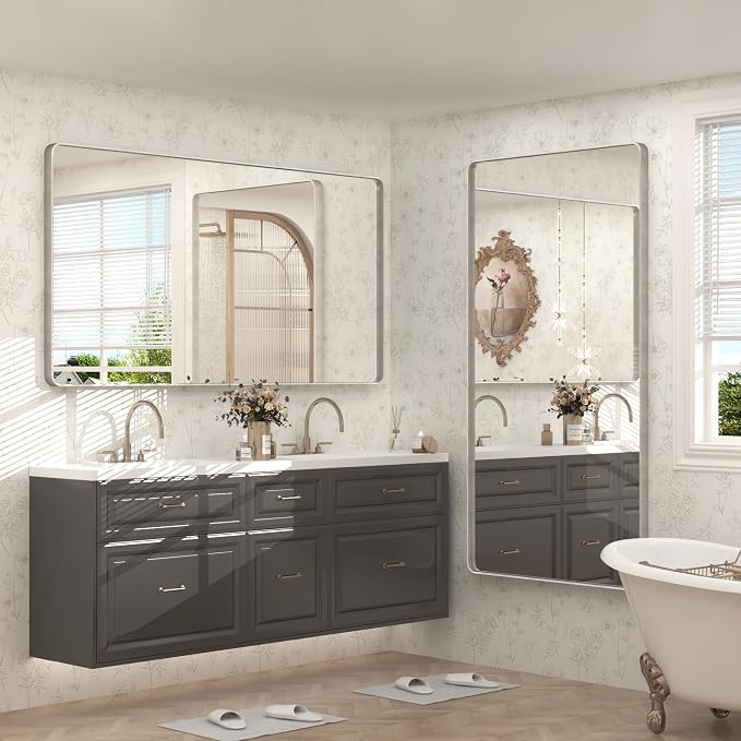 60x28 Inch Brushed Silver Bathroom Mirror for Wall | Silver Nickel Framed Bathroom Vanity Mirror, Rounded Rectangle, Anti-rust, Shatterproof (Horizontal/ Vertical)