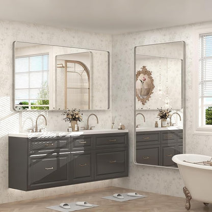 60x28 Inch Brushed Silver Bathroom Mirror for Wall | Silver Nickel Framed Bathroom Vanity Mirror, Rounded Rectangle, Anti-rust, Shatterproof (Horizontal/ Vertical)