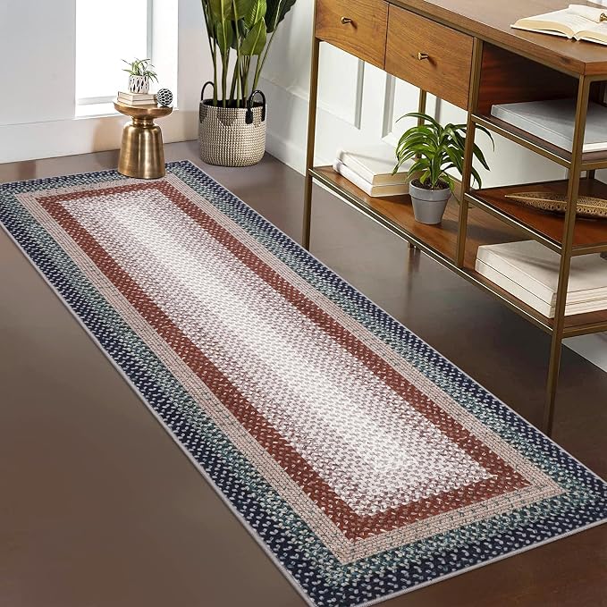 Imitation Braided Collection-Print Washable Runner Rug 2x8 Non Slip Bathroom Rug Bordered Soft Farmhouse Throw Rugs Kitchen Runner Stain Resistant Carpet for Hallway Entryway Rugs