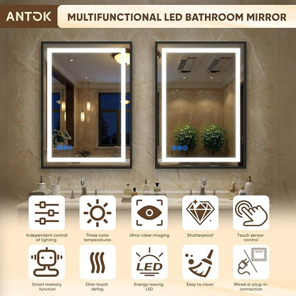 Antok 30X36 LED Bathroom Mirror with Lights, Vanity Mirror for Wall with Black Frame, Touch Control, Anti-Fog, Dimmable Lights, Shatter-Proof, Memory Function, Wall-Mounted Vanity Mirrors