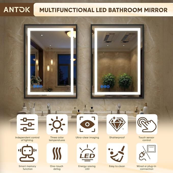 Antok 24X32 LED Bathroom Mirror with Lights, Vanity Mirror for Wall with Black Frame, Touch Control, Anti-Fog, Dimmable Lights, Shatter-Proof, Memory Function, Wall-Mounted Vanity Mirrors