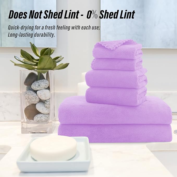 MOONQUEEN Ultra Soft Towel Set-Quick Drying - 2 Bath Towels 2 Hand Towels 2 Washcloths-Microfiber Coral Velvet Highly Absorbent Towel for Bath Fitness,Bathroom,Sports,Yoga, Travel(Purple, 6 Pcs)