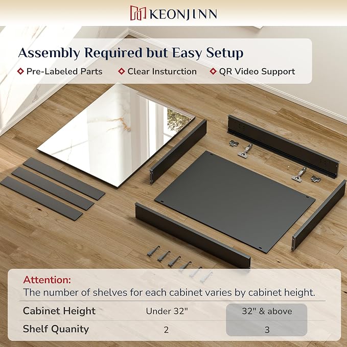 Keonjinn 48x32 Inch Black Medicine Cabinet with Mirror, HD Tempered Glass | Effortless Assembly, Adjustable Shelves, Wall Mount or Recessed, Soft Close with DTC Hinges, Bathroom Mirror with Storage