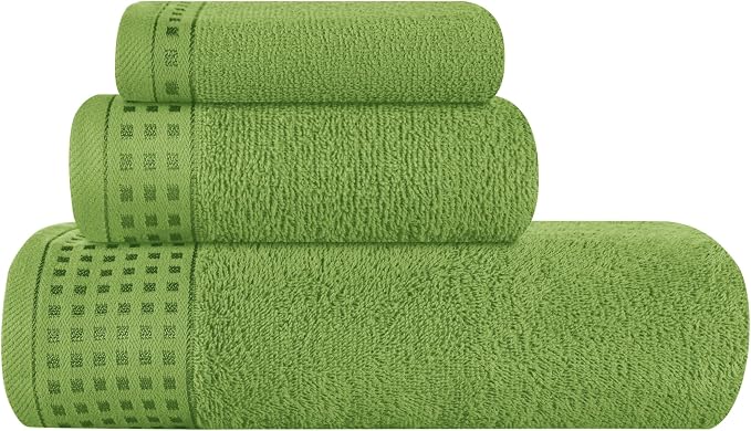 GLAMBURG Ultra Soft 3 Pack Cotton Towel Set, Contains a Bath Towel 28x55 inch, a Hand Towel 16x24 inch & a Wash Coth 12x12 inch, Ideal Everyday use, Compact & Lightweight - Kiwi Green