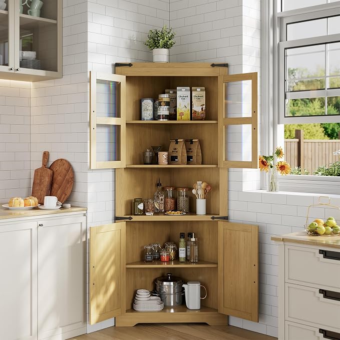 GarveeHome 67" Tall Corner Storage Cabinet, Farmhouse Corner Hutch Display Cabinet with Glass Doors, Wooden Storage Organizer for Kitchen, Living Room, Bathroom, Natural
