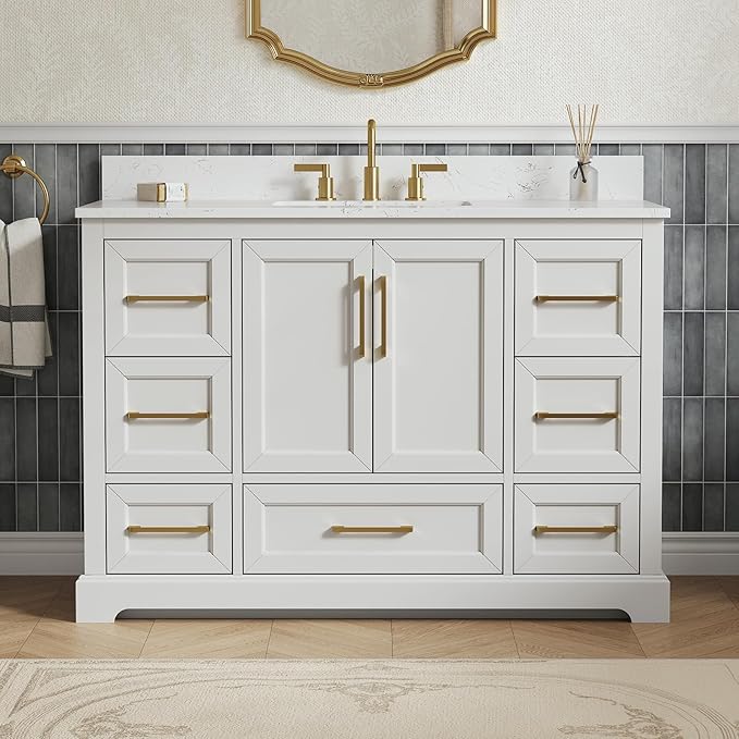 48" Bathroom Vanity with Sink,Undermount Ceramic Sink Vanity, Storage Cabinet with Sink,Drawers& No Installation Required, Small Wooden Bathroom Sink Cabinet, Greige White