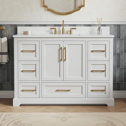 48" Bathroom Vanity with Sink,Undermount Ceramic Sink Vanity, Storage Cabinet with Sink,Drawers& No Installation Required, Small Wooden Bathroom Sink Cabinet, Greige White