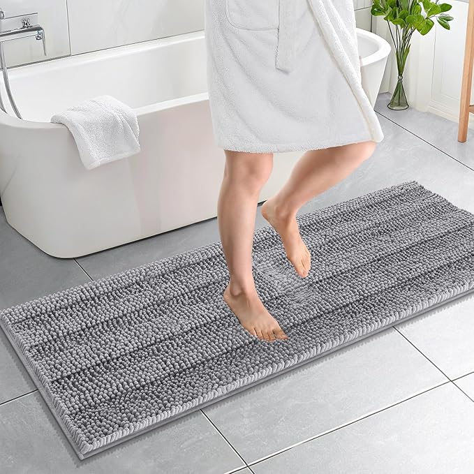 OLANLY Thick Bathroom Runner Rugs 59x20, Soft Chenille Long Bath Rugs, Grey | Absorbent Striped, Rubber Backing, Machine Wash, Bath Mats for Bathroom Floor, Tub and Shower, Home Decor Accessories