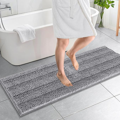 OLANLY Thick Bathroom Runner Rugs 59x20, Soft Chenille Long Bath Rugs, Grey | Absorbent Striped, Rubber Backing, Machine Wash, Bath Mats for Bathroom Floor, Tub and Shower, Home Decor Accessories