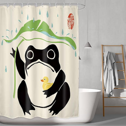 LGhtyro Funny Frog Shower Curtain Bathroom Set 54Wx78H Inches Cute Duck Asian Traditional Japanese Style Taking Lotus Animal Leaf Rain Bath Accessories Frog Art Home Decor Fabric 12 Pack Hooks