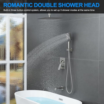 Bathtub Shower Faucet Set with Pressure Balance Valve, 12" Ceiling Mount Shower System with Tub Spout Multi-function Handheld Head Push Button Diverter Shower Trim Kit, Brushed Nickel