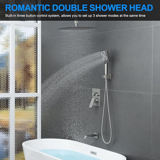 Bathtub Shower Faucet Set with Pressure Balance Valve, 12" Ceiling Mount Shower System with Tub Spout Multi-function Handheld Head Push Button Diverter Shower Trim Kit, Brushed Nickel