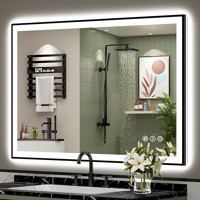48x36 Black Framed LED Bathroom Mirror with Lights, Backlit and Front Lit Anti-Fog Lighted Vanity Mirrors for Bathroom Wall, Dimmable, 3 Colors, Memory, HD Tempered Glass, Horizontal/Vertical