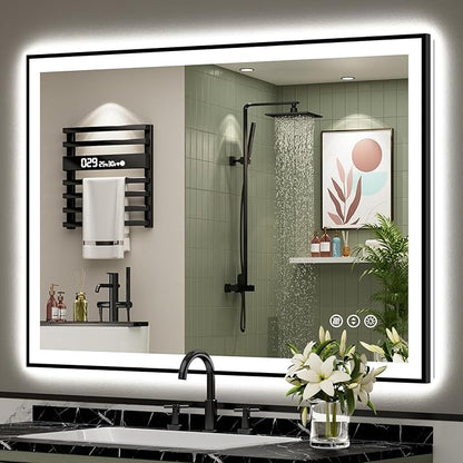 48x36 Black Framed LED Bathroom Mirror with Lights, Backlit and Front Lit Anti-Fog Lighted Vanity Mirrors for Bathroom Wall, Dimmable, 3 Colors, Memory, HD Tempered Glass, Horizontal/Vertical