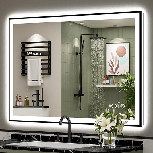 48x36 Black Framed LED Bathroom Mirror with Lights, Backlit and Front Lit Anti-Fog Lighted Vanity Mirrors for Bathroom Wall, Dimmable, 3 Colors, Memory, HD Tempered Glass, Horizontal/Vertical