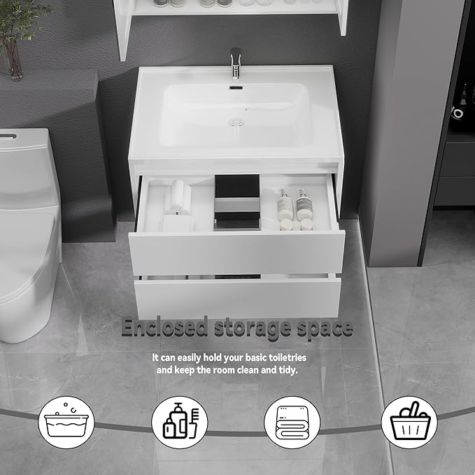 White Floating Bathroom Vanity with Sink, 31x18 Inch Wall Mounted Bathroom Cabinet with 2 Drawers, Modern Single Sink Vanity for Small Bathroom, Space-Saving Storage Cabinet