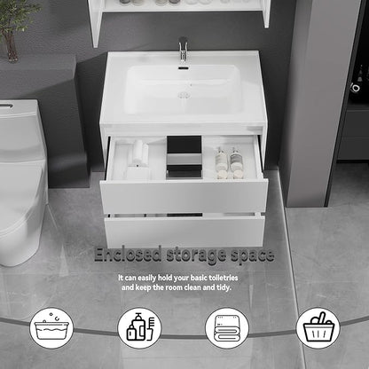 White Floating Bathroom Vanity with Sink, 31x18 Inch Wall Mounted Bathroom Cabinet with 2 Drawers, Modern Single Sink Vanity for Small Bathroom, Space-Saving Storage Cabinet