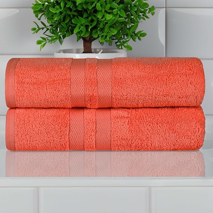 Superior Ultra-Soft Cotton Bath Towel Set, Quick-Dry, Absorbent, Shower, Spa Basics, Large Towels, Bathroom Sets, Bath Essentials, Solid, Double Line Dobby Border, 2 Pack, Set of 2, Tangerine Orange