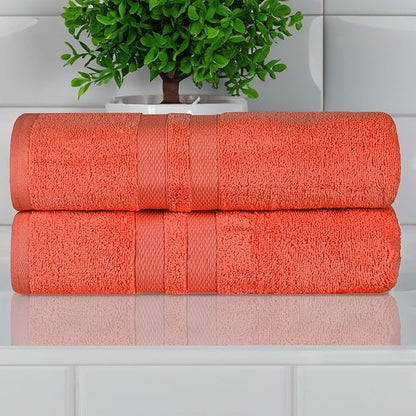 Superior Ultra-Soft Cotton Bath Towel Set, Quick-Dry, Absorbent, Shower, Spa Basics, Large Towels, Bathroom Sets, Bath Essentials, Solid, Double Line Dobby Border, 2 Pack, Set of 2, Tangerine Orange
